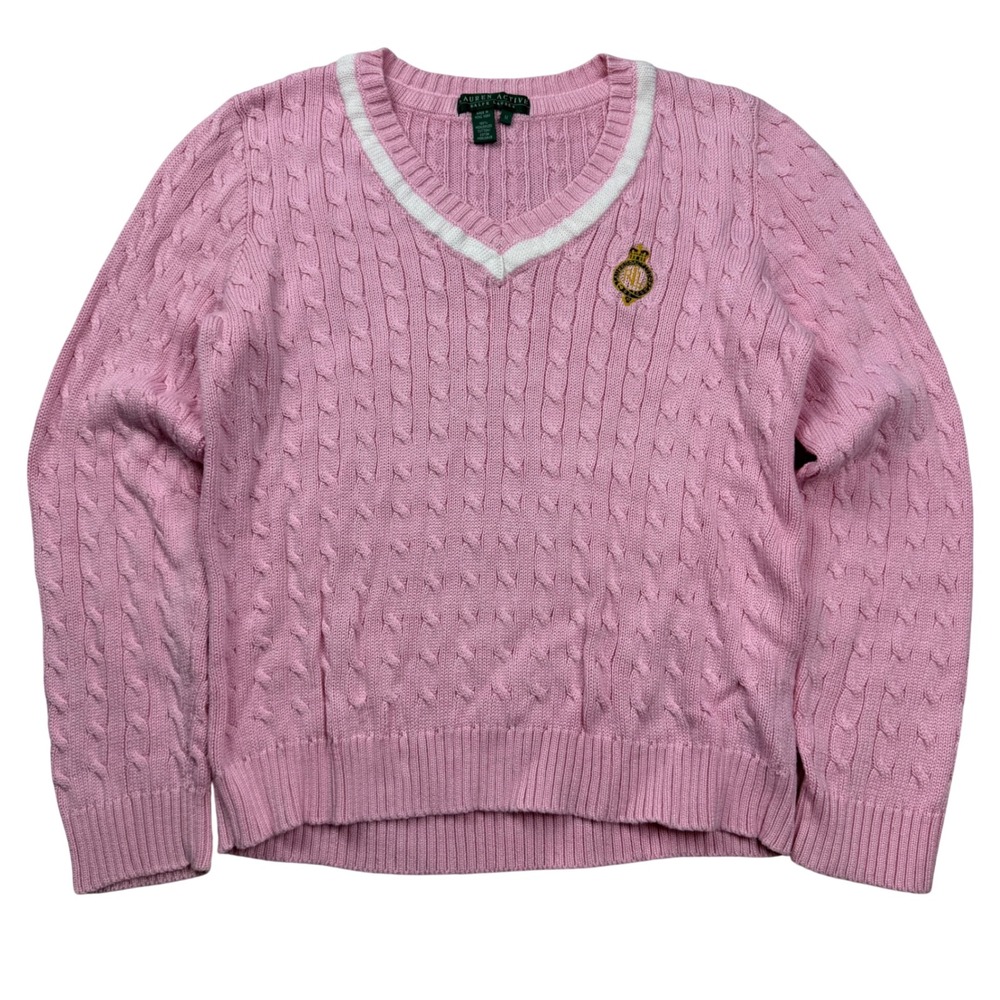 Lauren Active Ralph Lauren Pink Cable Knit V-Neck Crest Sweater M Tennis Criquet